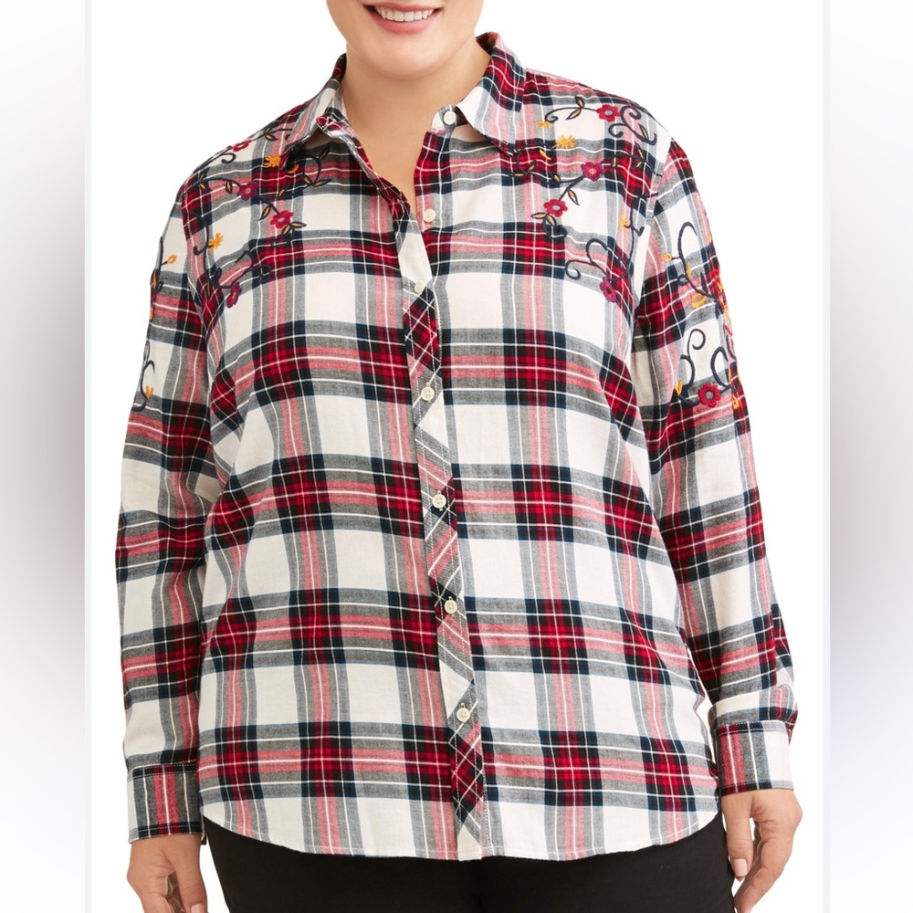 Terra & Sky Plaid Embroidered Cotton Shirt Sz 2X